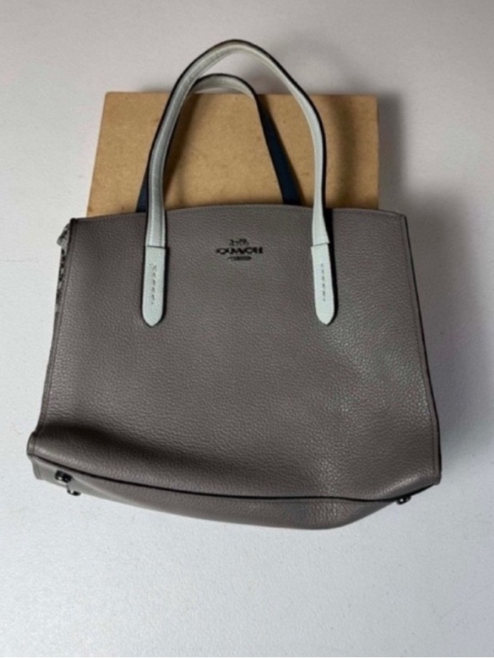 Coach Gray Leather Tote with Light Mint Handles